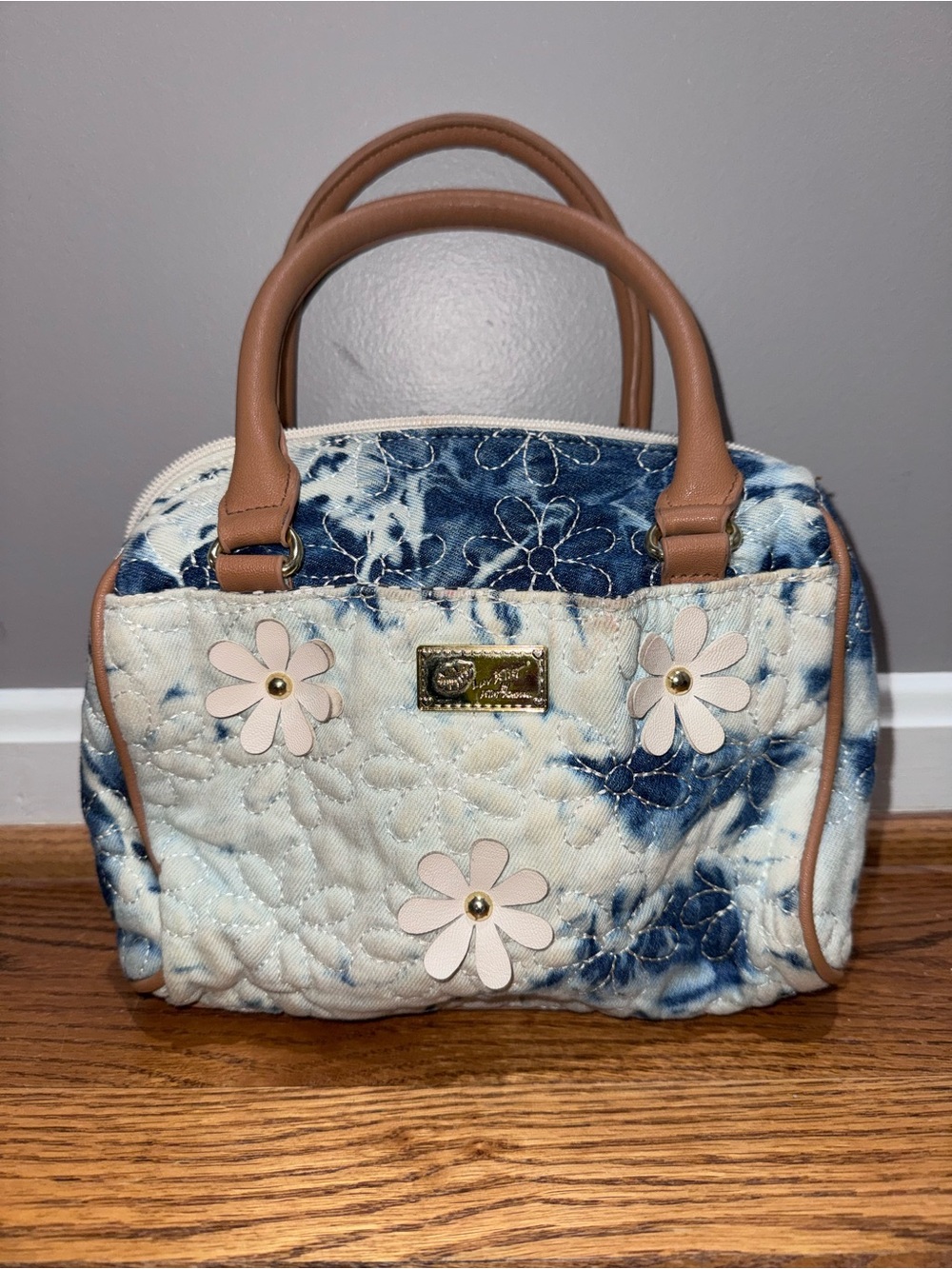 Betsey Johnson Blue Tie-Dye SmallSatchel with Floral Appliqués and Tan Trim